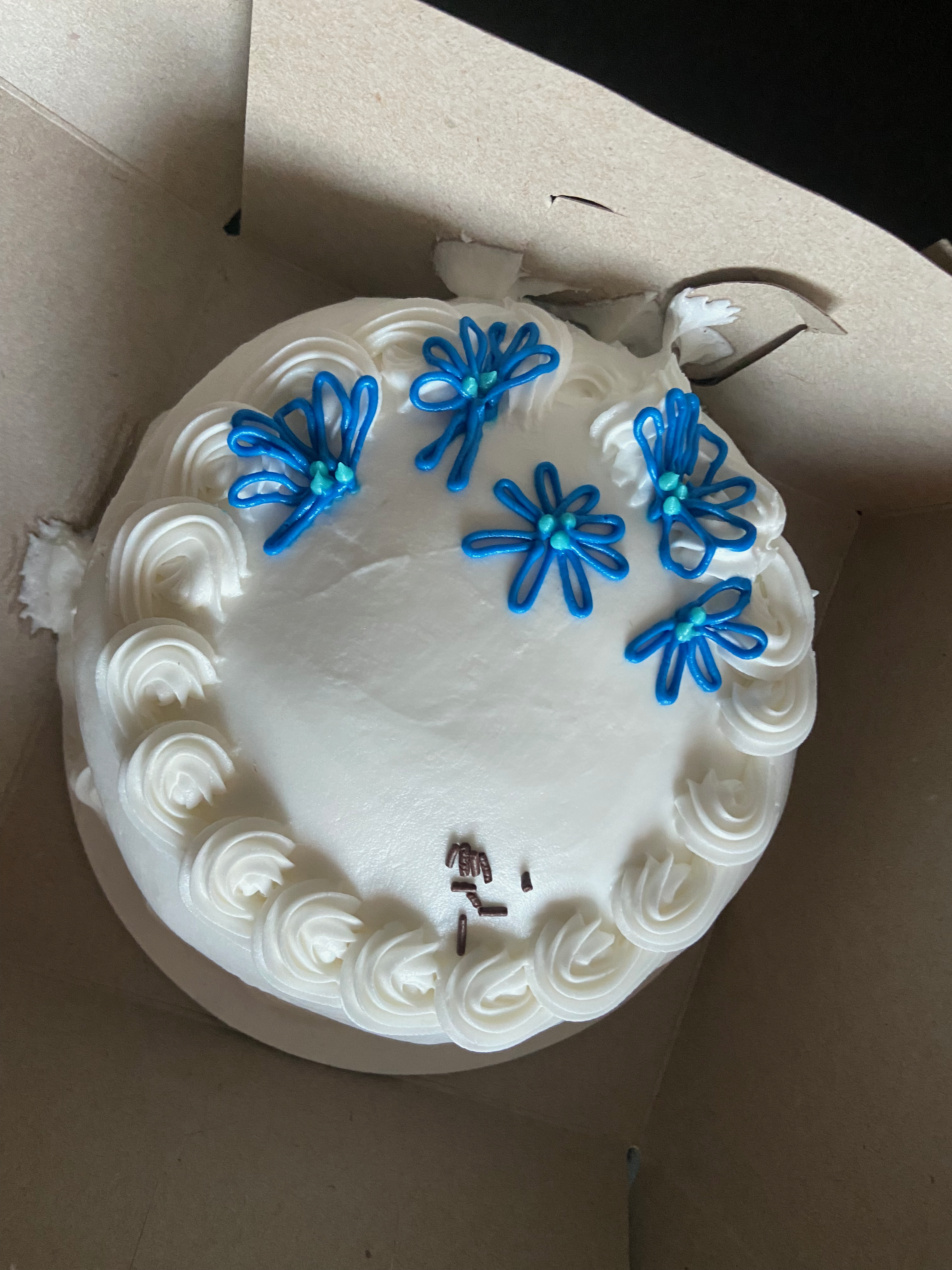 A close-up image of a small round cake, frosted with white buttercream and blue flowers