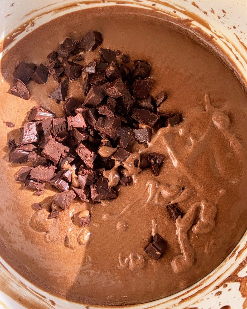 A close-up of rich chocolate cake batter, with chocolate chunks on top