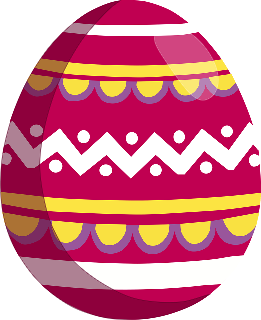 A pink, white and yellow patterned Easter egg